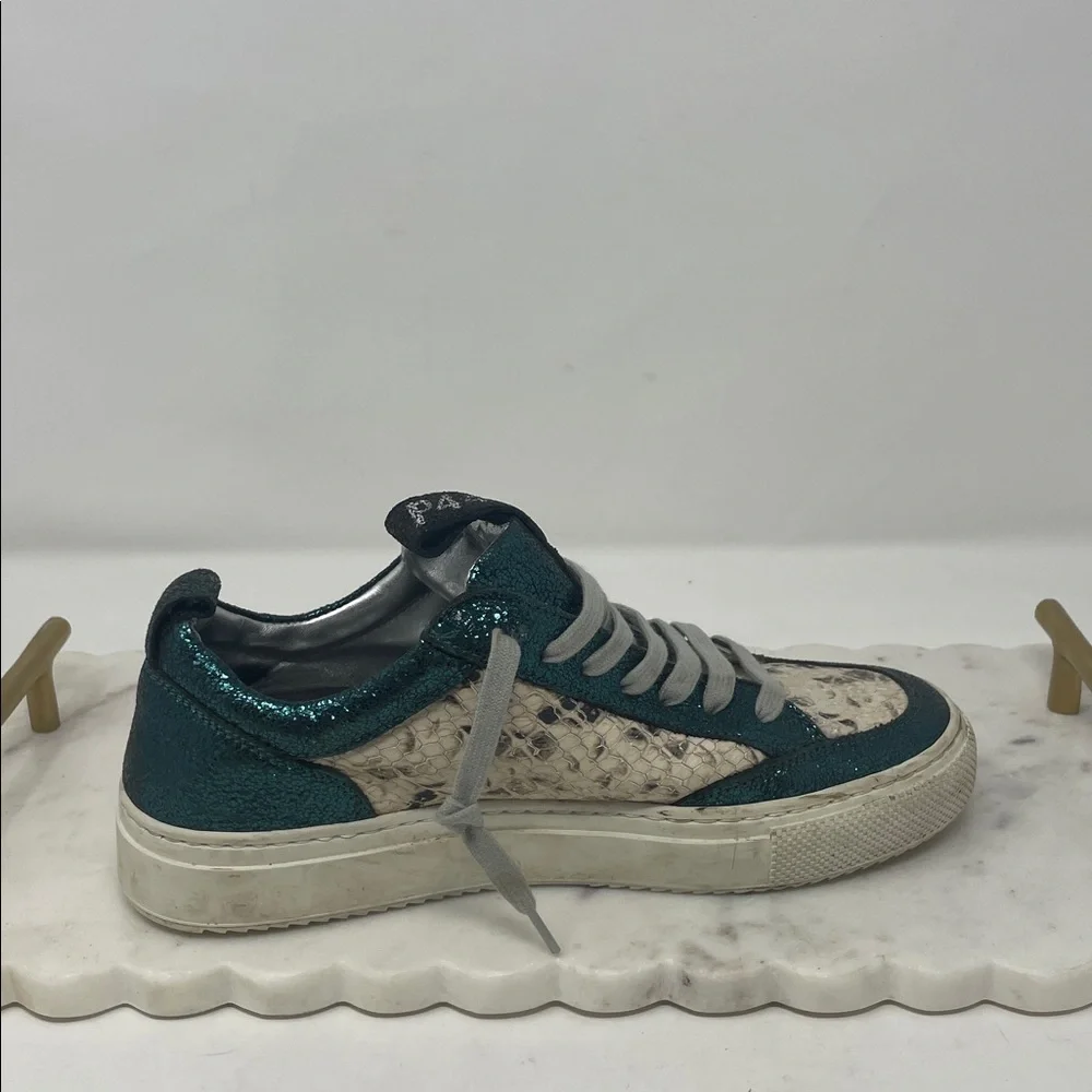 P448 Metallic Teal Snakeskin Accent Lace Sneakers Size 6